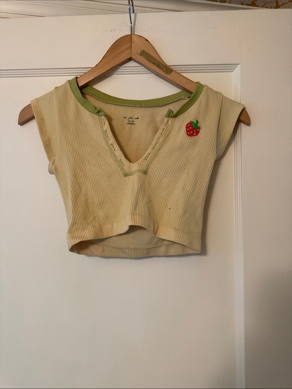 Urban Outfitters Yellow Ribbed Strawberry Patch Crop Top with Green Trim